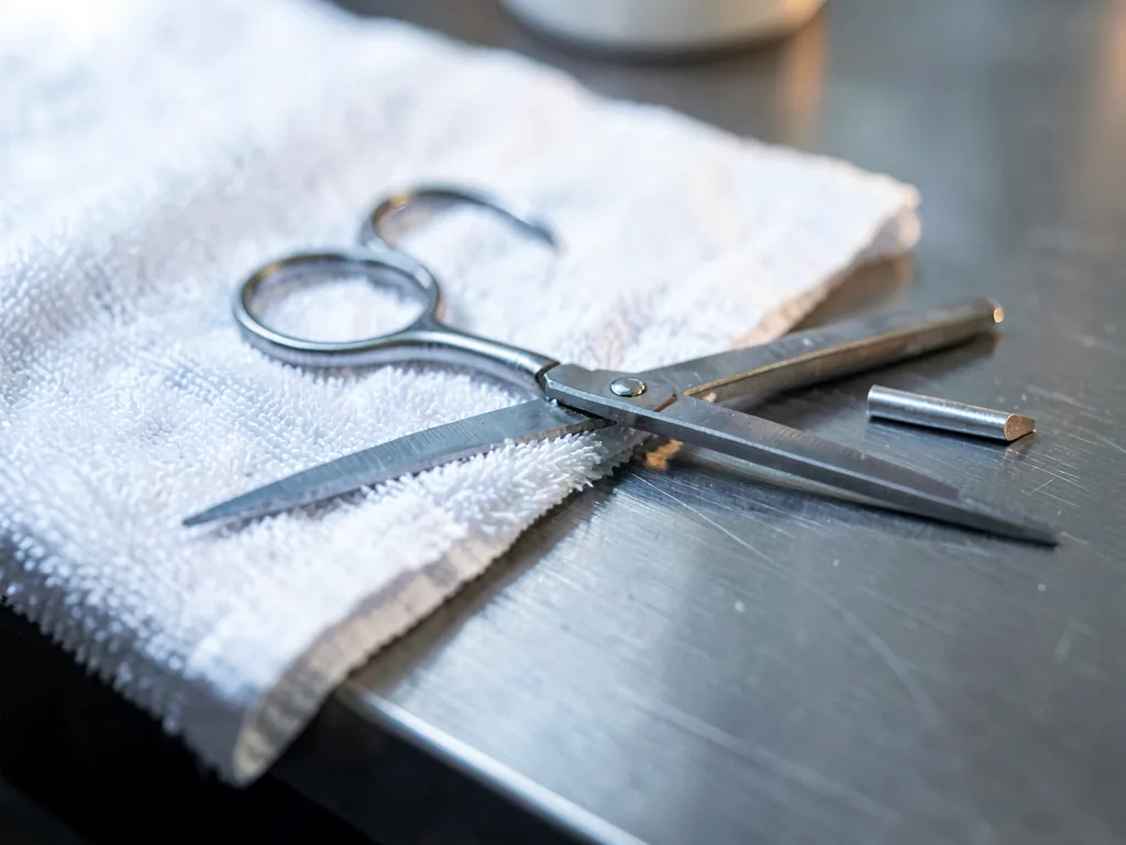 Blunt-tipped grooming scissors and a nail file on a folded towel