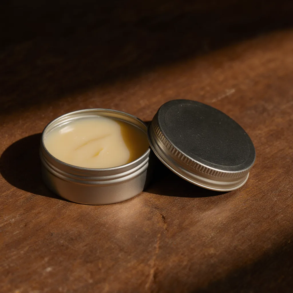 Paw and nose balm in a small round tin, lid beside it